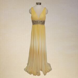 Sherri Hill Y2K Yellow Plunge V-Neck Dress Women's Size 10 Beaded Waistband